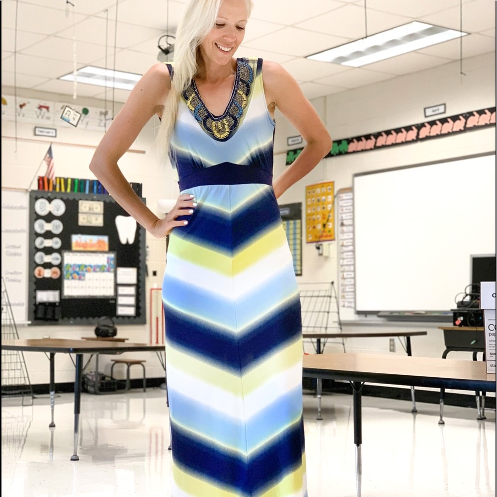 Blue & Yellow Sleeveless Maxi Dress